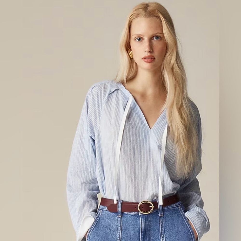 J. Crew Tie-neck Top in Striped Crinkle Cotton White & Blue Long Sleeve Sz. S
